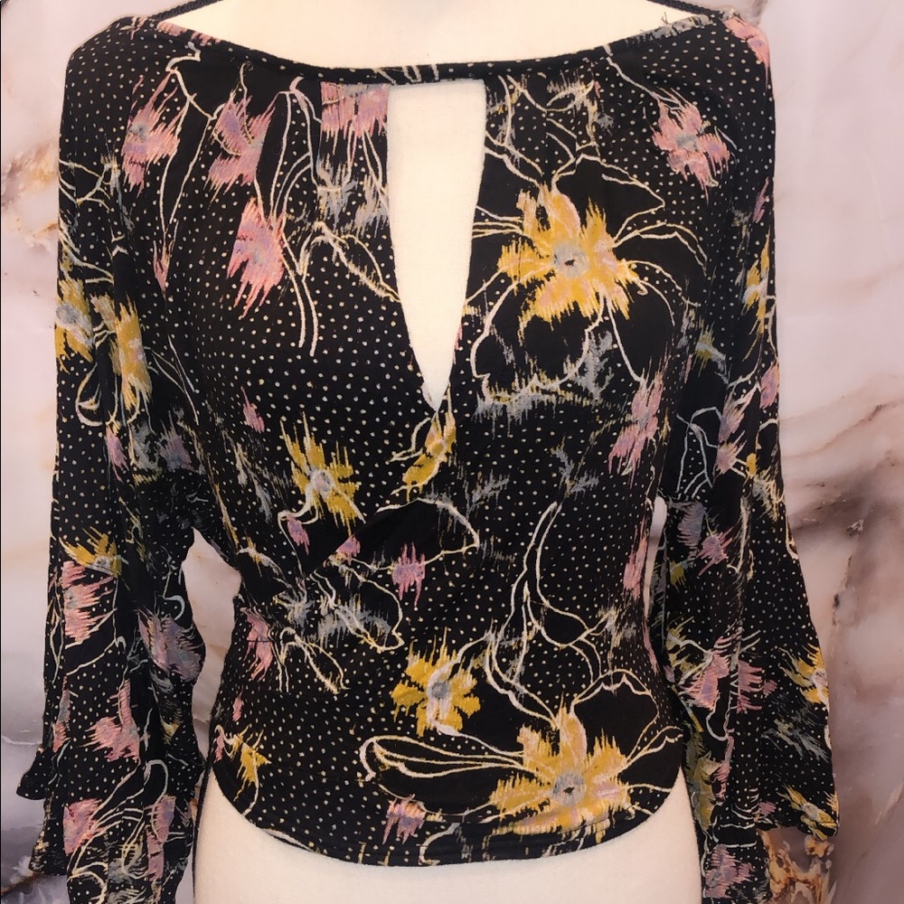 Free People off shoulder surplus floral dot top.